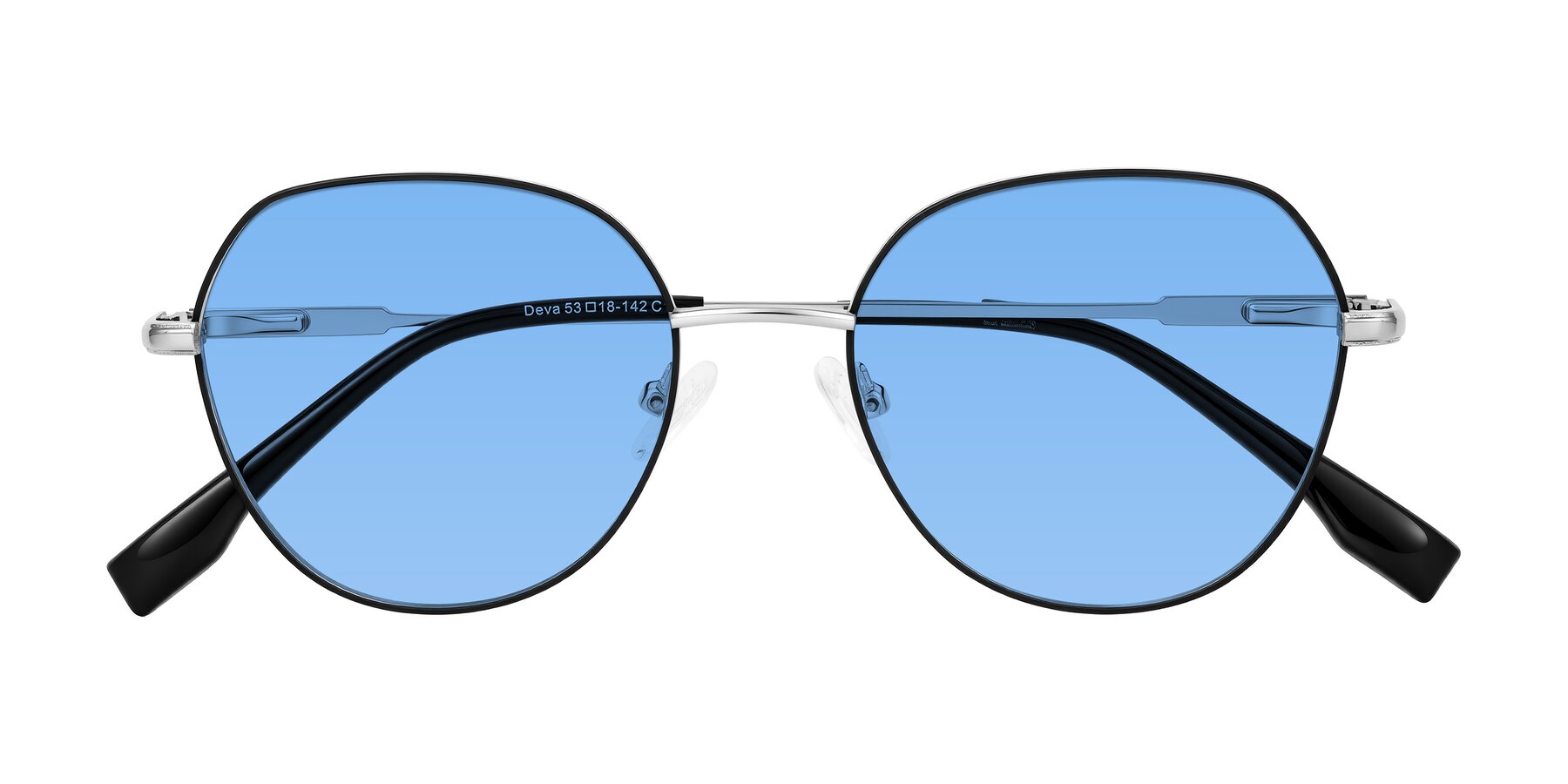 Folded Front of Deva in Black/Silver with Medium Blue Tinted Lenses