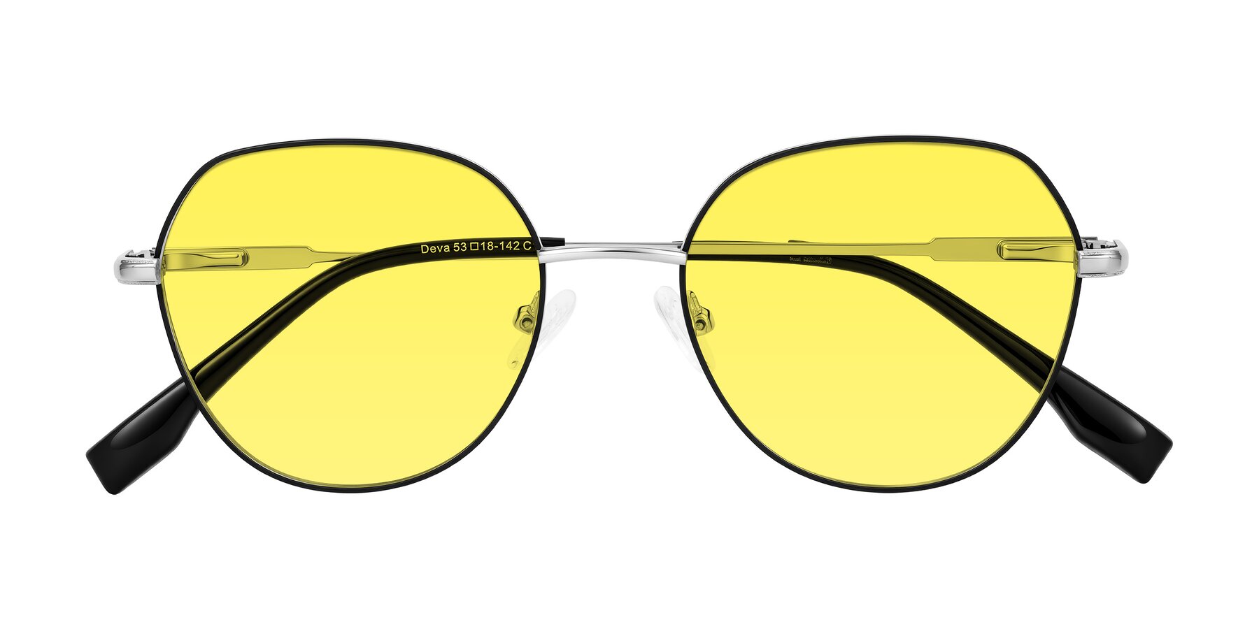 Folded Front of Deva in Black/Silver with Medium Yellow Tinted Lenses
