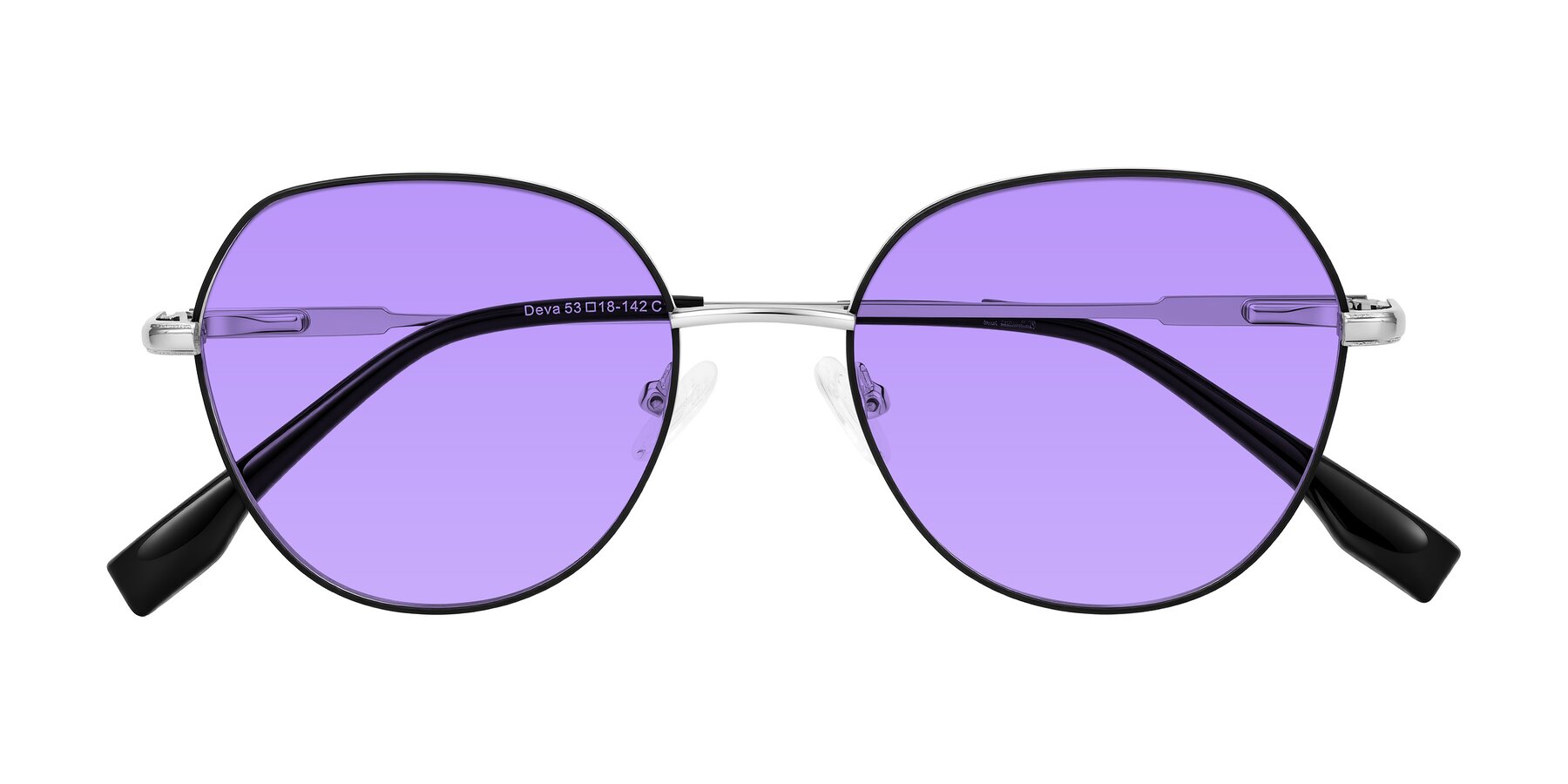 Folded Front of Deva in Black/Silver with Medium Purple Tinted Lenses