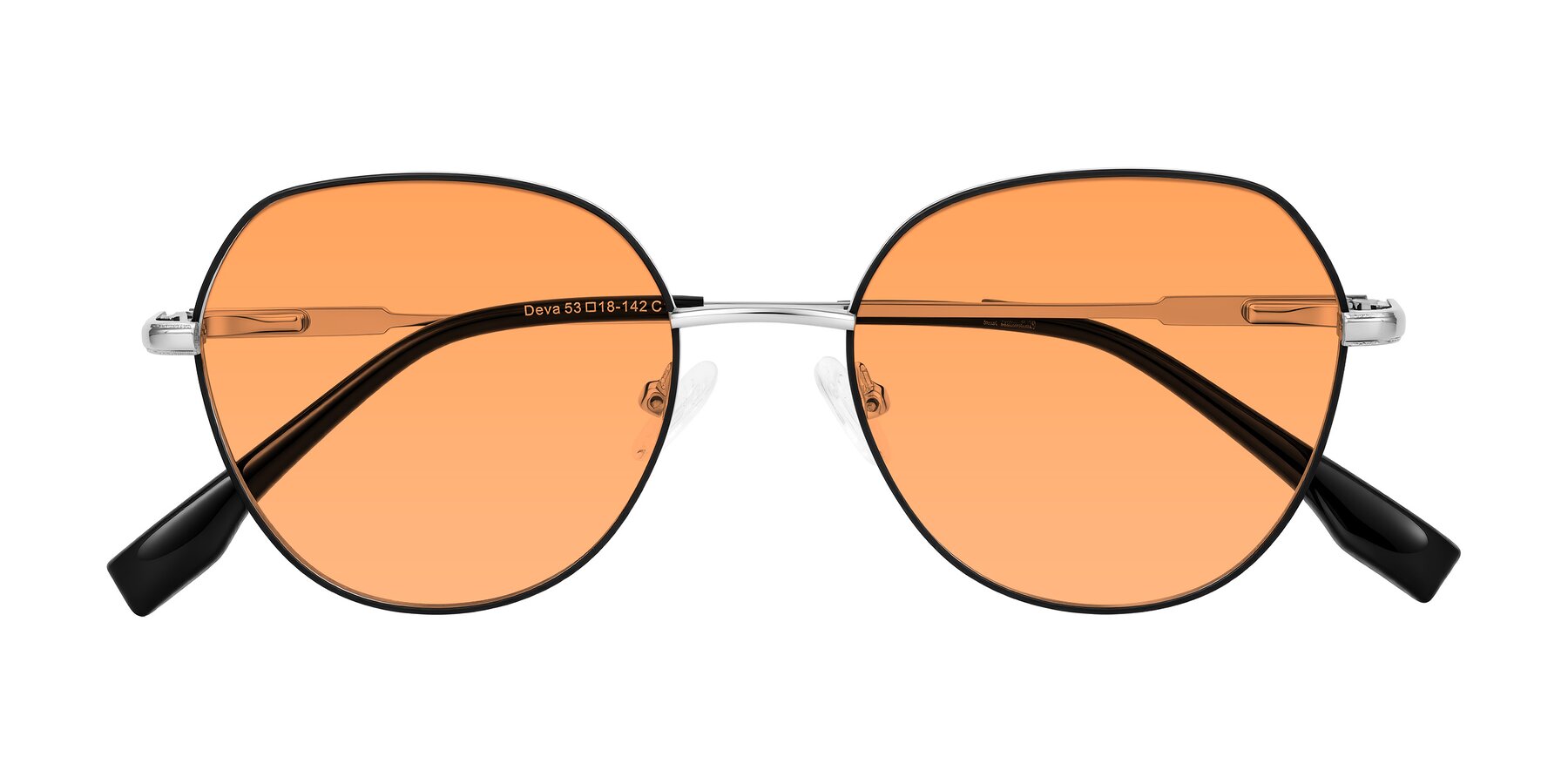 Folded Front of Deva in Black/Silver with Medium Orange Tinted Lenses