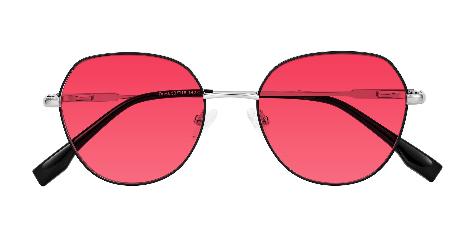 Folded Front of Deva in Black/Silver with Red Tinted Lenses