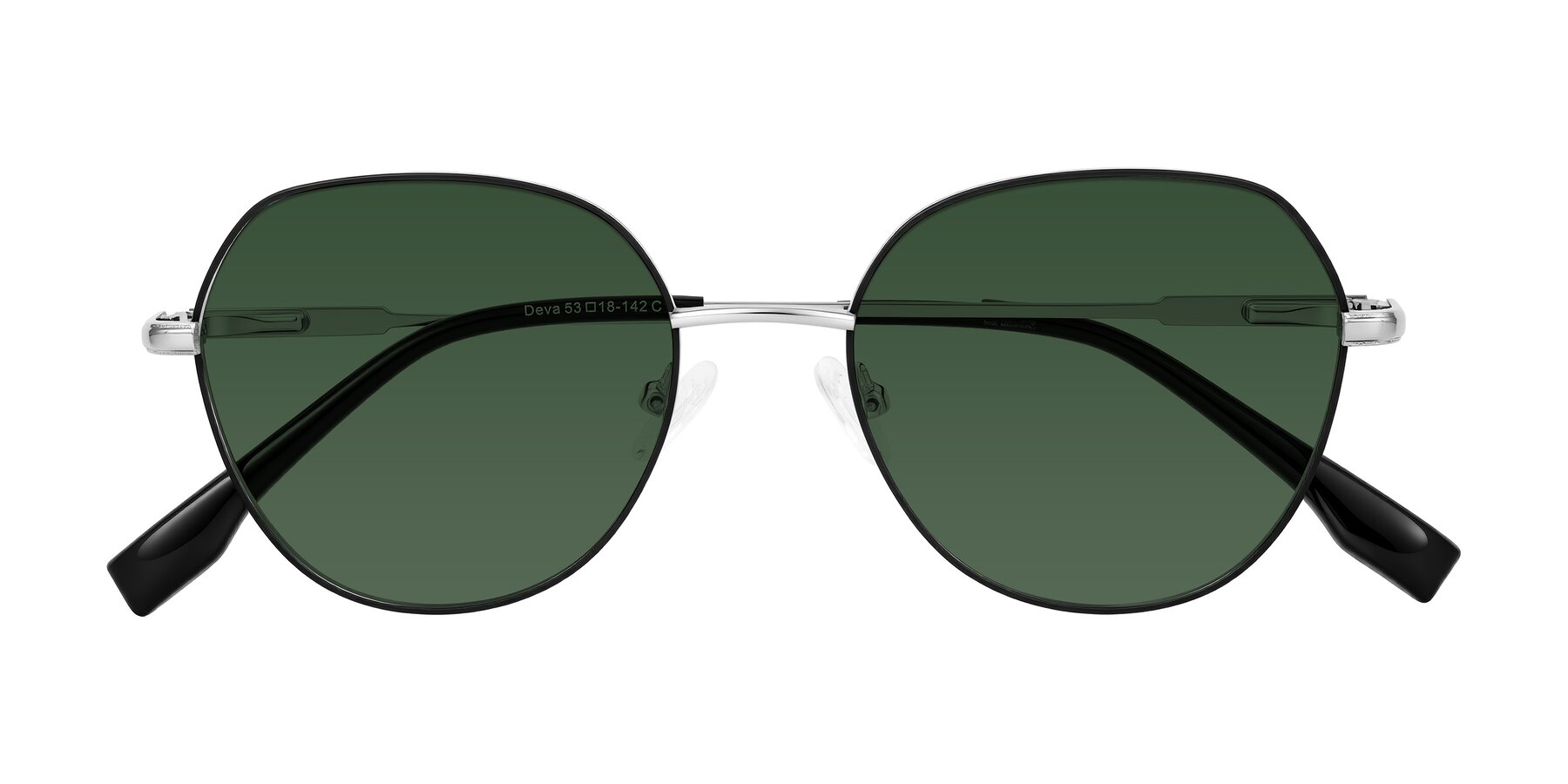 Folded Front of Deva in Black/Silver with Green Tinted Lenses