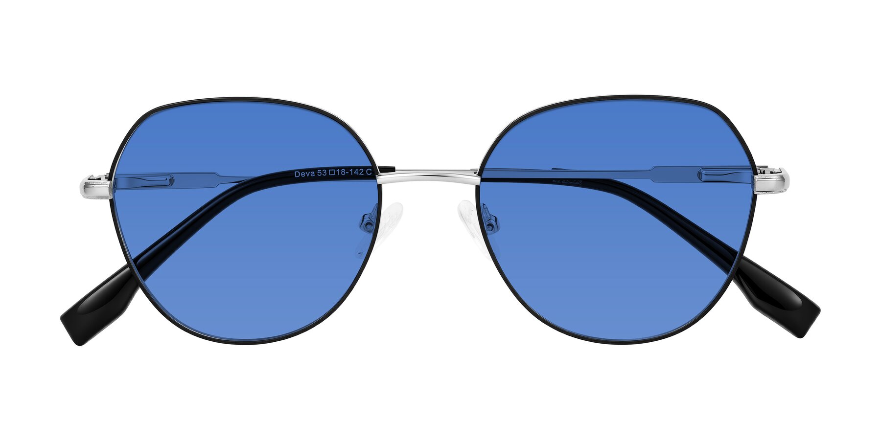 Folded Front of Deva in Black/Silver with Blue Tinted Lenses