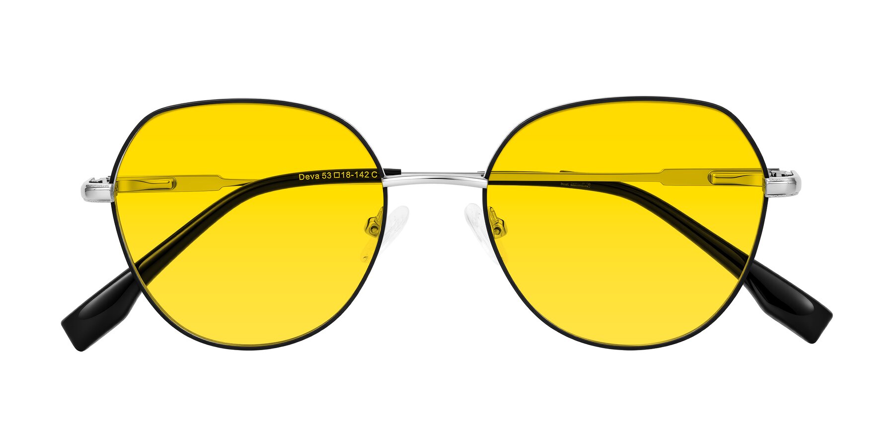 Folded Front of Deva in Black/Silver with Yellow Tinted Lenses
