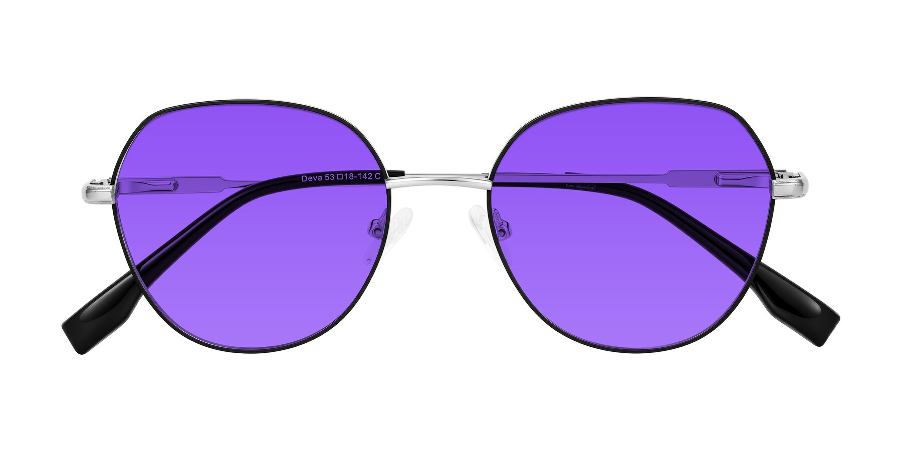 Folded Front of Deva in Black/Silver with Purple Tinted Lenses