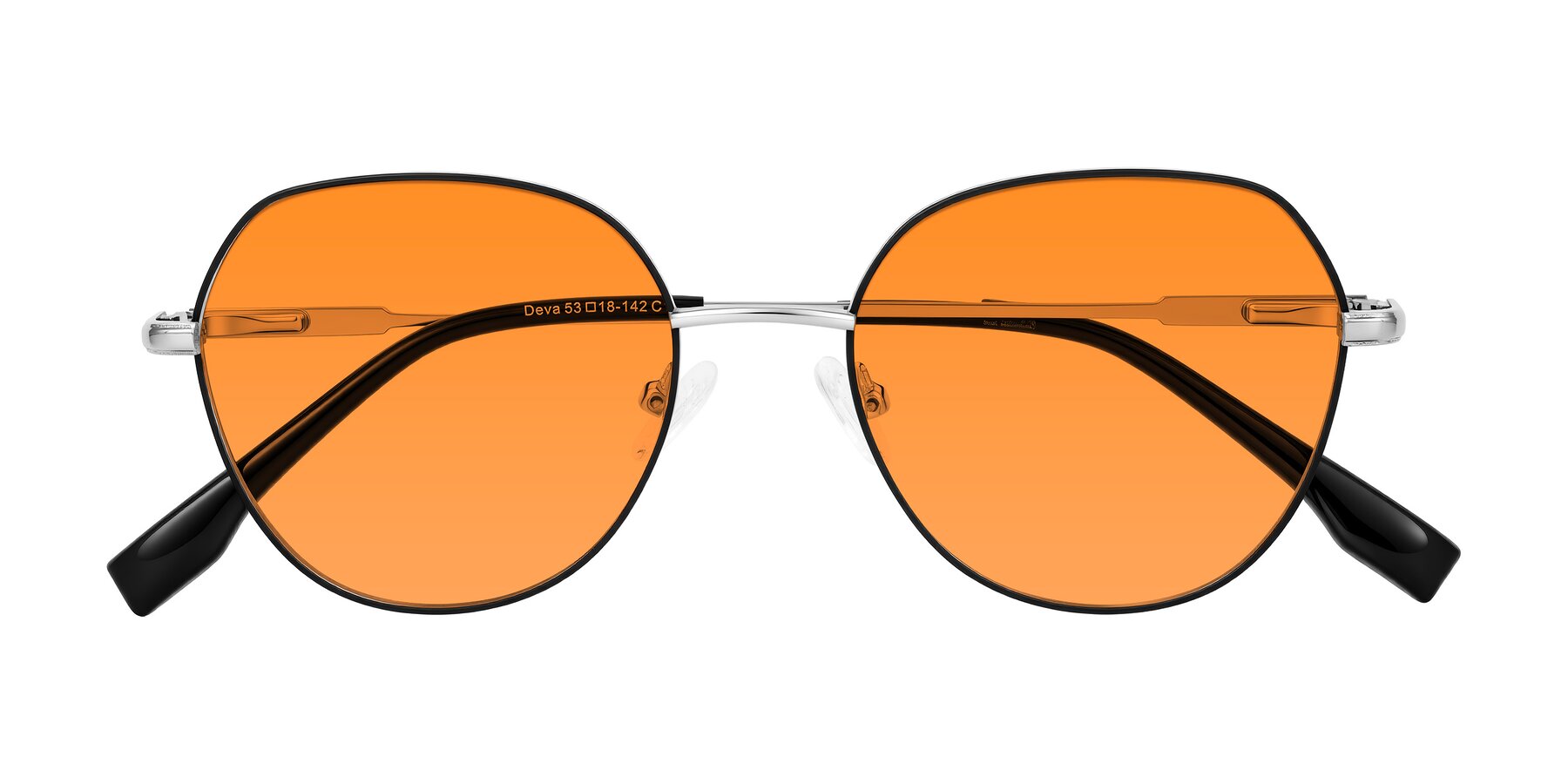 Folded Front of Deva in Black/Silver with Orange Tinted Lenses