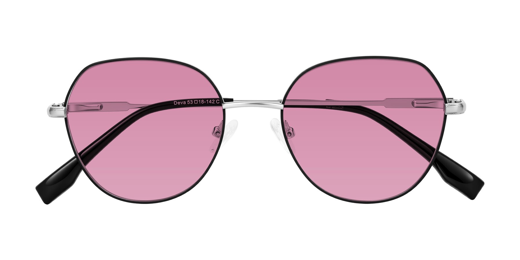 Folded Front of Deva in Black/Silver with Medium Wine Tinted Lenses
