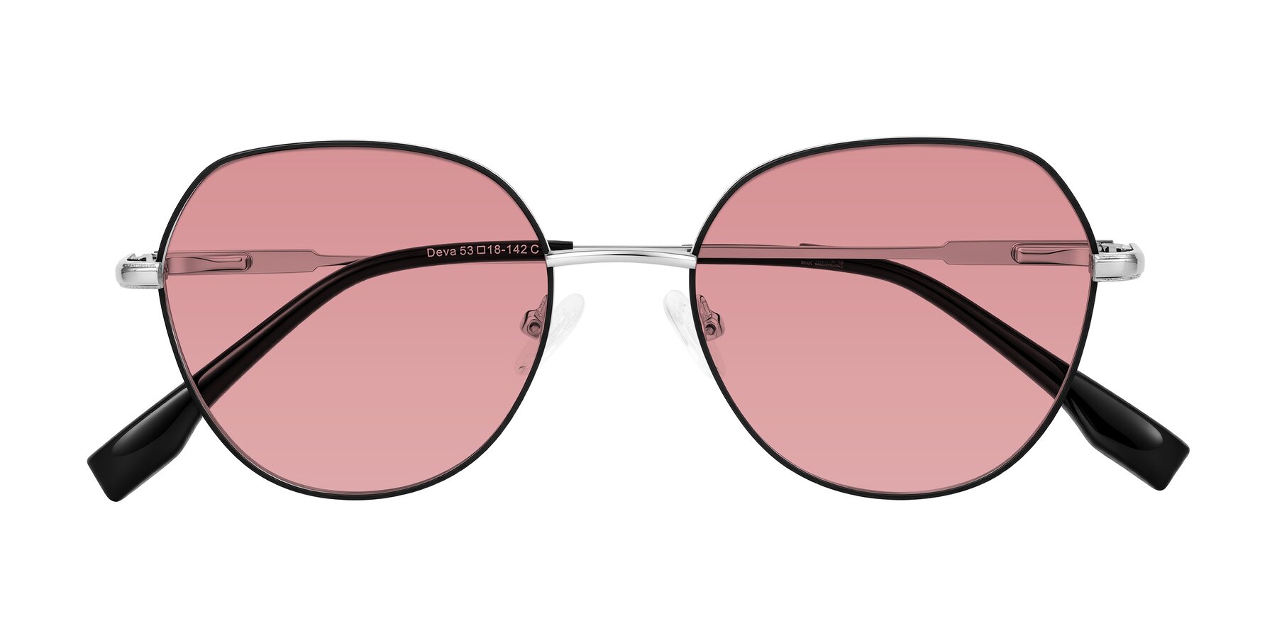 Folded Front of Deva in Black/Silver with Medium Garnet Tinted Lenses