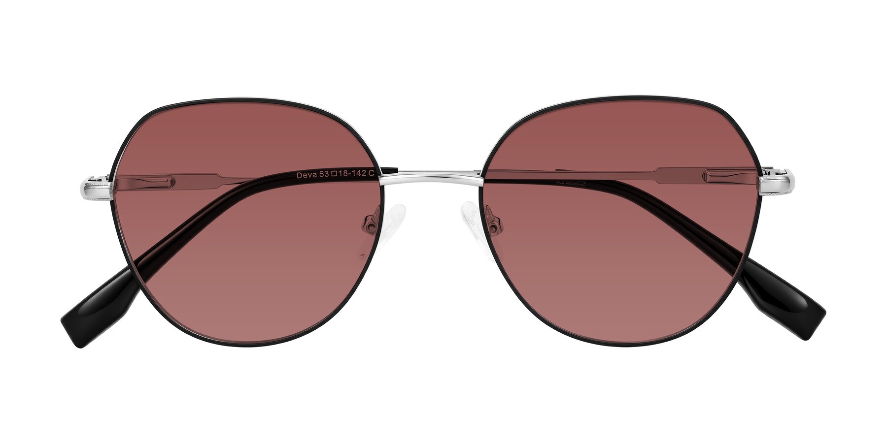 Folded Front of Deva in Black/Silver with Garnet Tinted Lenses