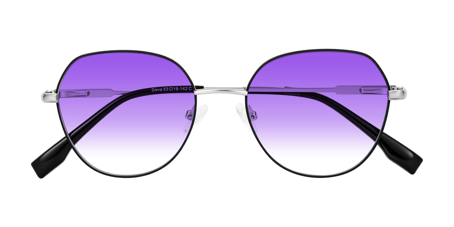 Folded Front of Deva in Black/Silver with Purple Gradient Lenses