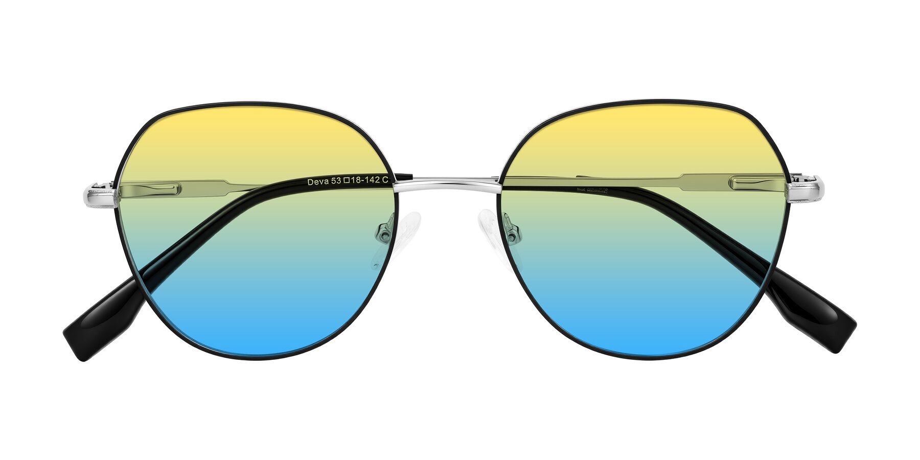 Folded Front of Deva in Black/Silver with Yellow / Blue Gradient Lenses