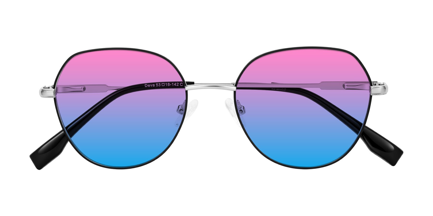 Folded Front of Deva in Black/Silver with Pink / Blue Gradient Lenses