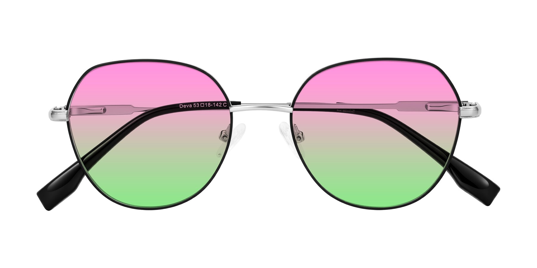 Folded Front of Deva in Black/Silver with Pink / Green Gradient Lenses