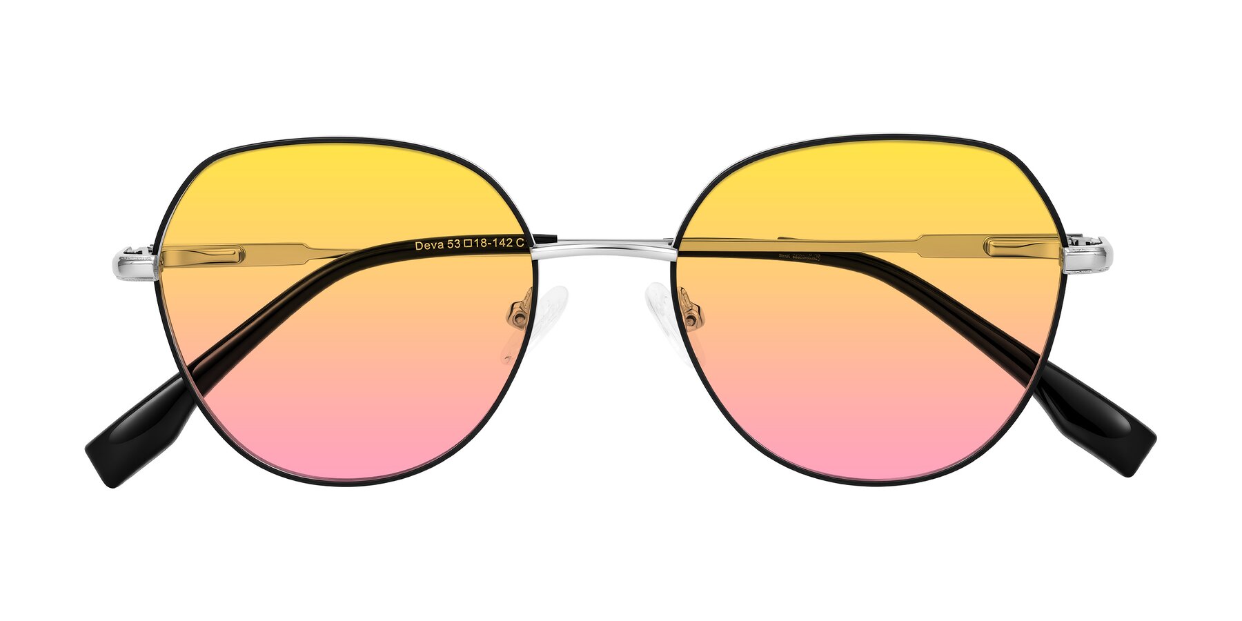 Folded Front of Deva in Black/Silver with Yellow / Pink Gradient Lenses