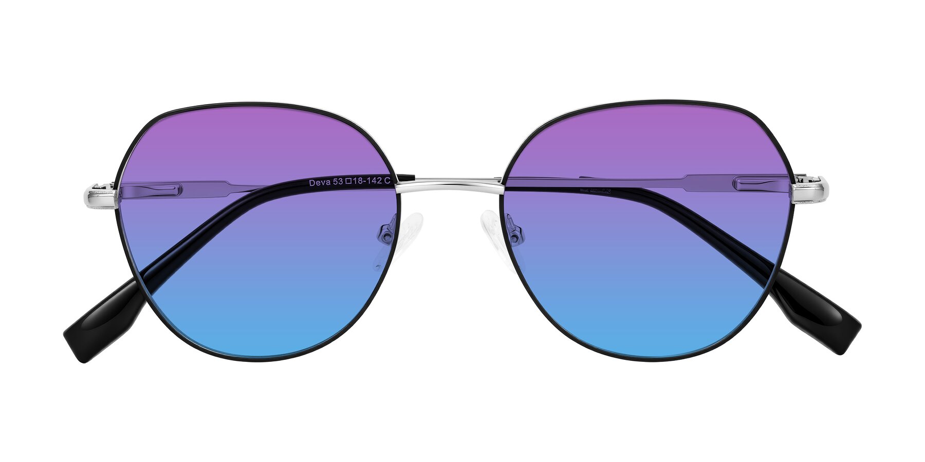 Folded Front of Deva in Black/Silver with Purple / Blue Gradient Lenses