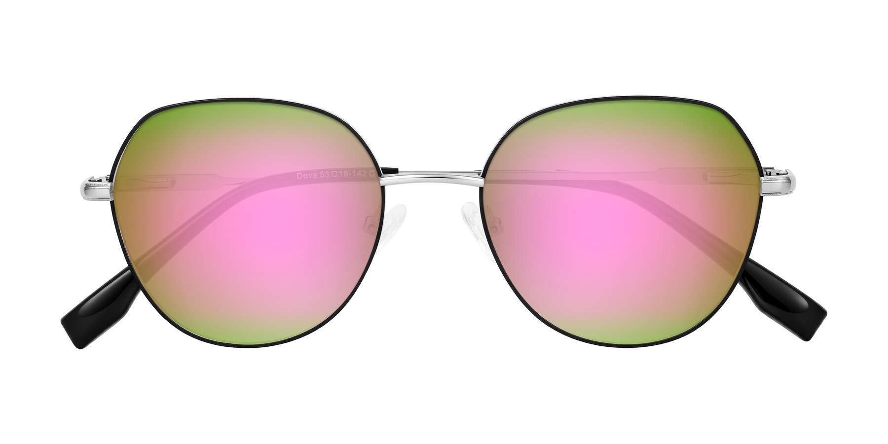 Folded Front of Deva in Black/Silver with Pink Mirrored Lenses