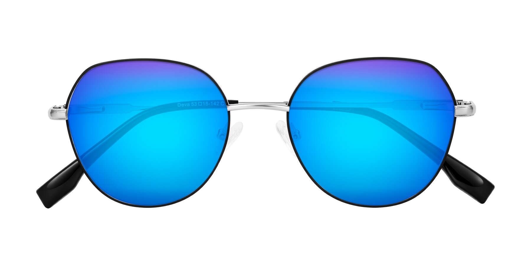 Folded Front of Deva in Black/Silver with Blue Mirrored Lenses