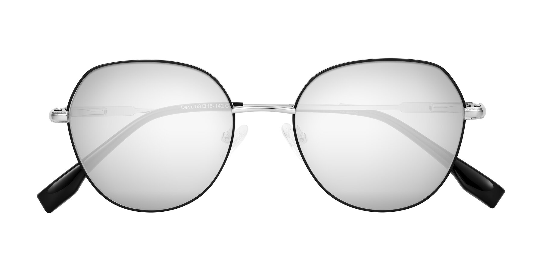 Folded Front of Deva in Black/Silver with Silver Mirrored Lenses