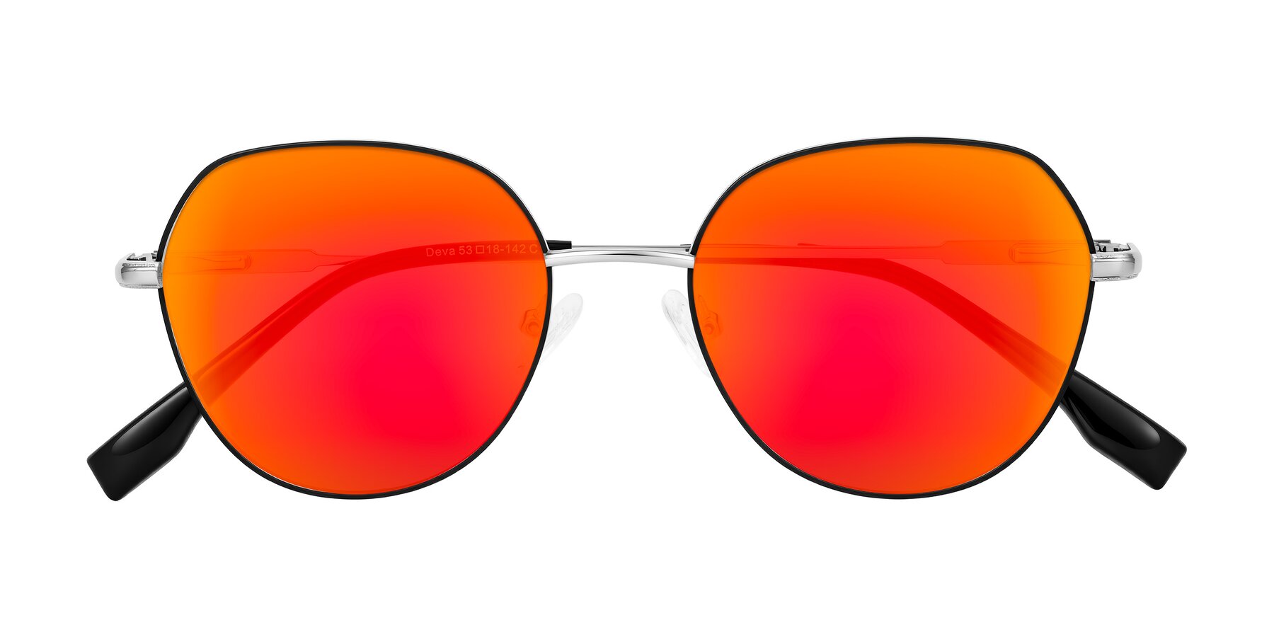 Folded Front of Deva in Black/Silver with Red Gold Mirrored Lenses