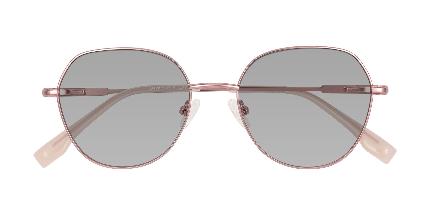 Folded Front of Deva in Rose Gold with Light Gray Tinted Lenses