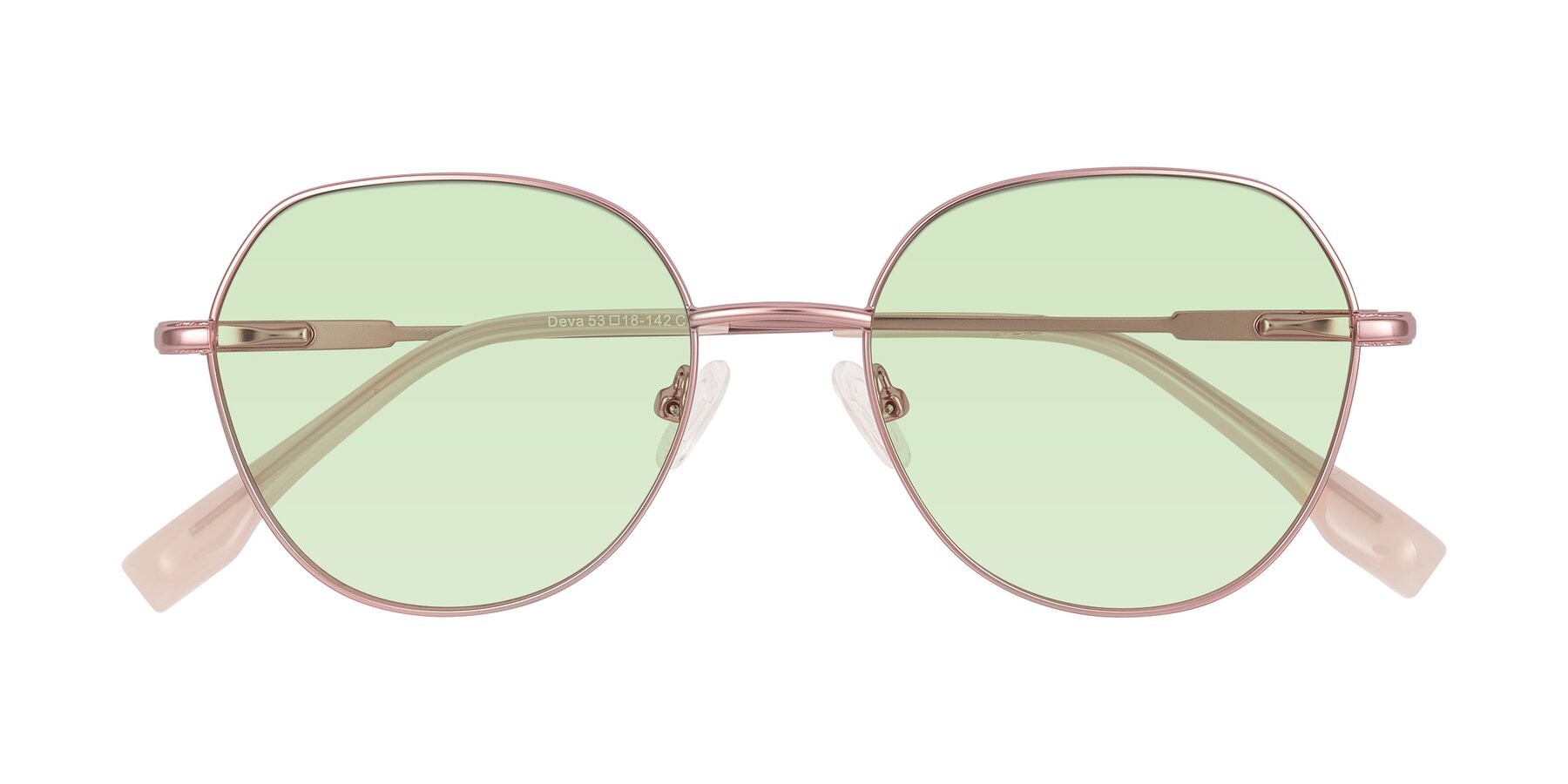 Folded Front of Deva in Rose Gold with Light Green Tinted Lenses