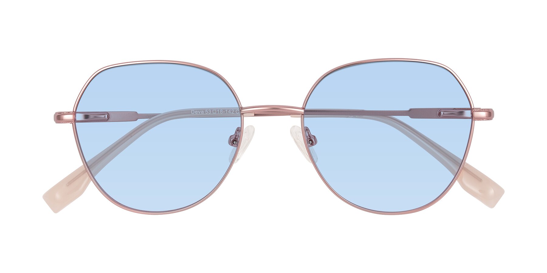 Folded Front of Deva in Rose Gold with Light Blue Tinted Lenses