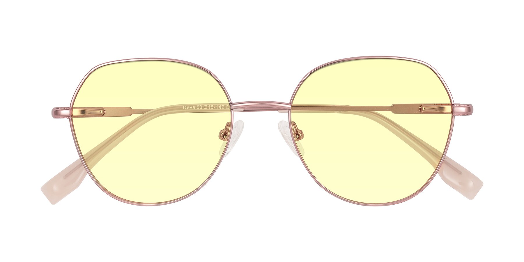 Folded Front of Deva in Rose Gold with Light Yellow Tinted Lenses