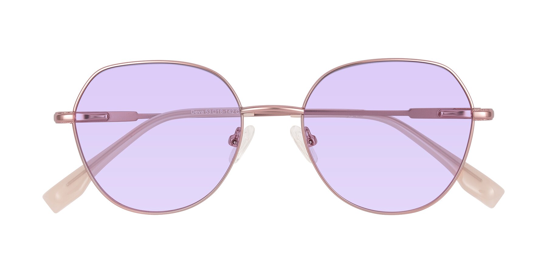 Folded Front of Deva in Rose Gold with Light Purple Tinted Lenses