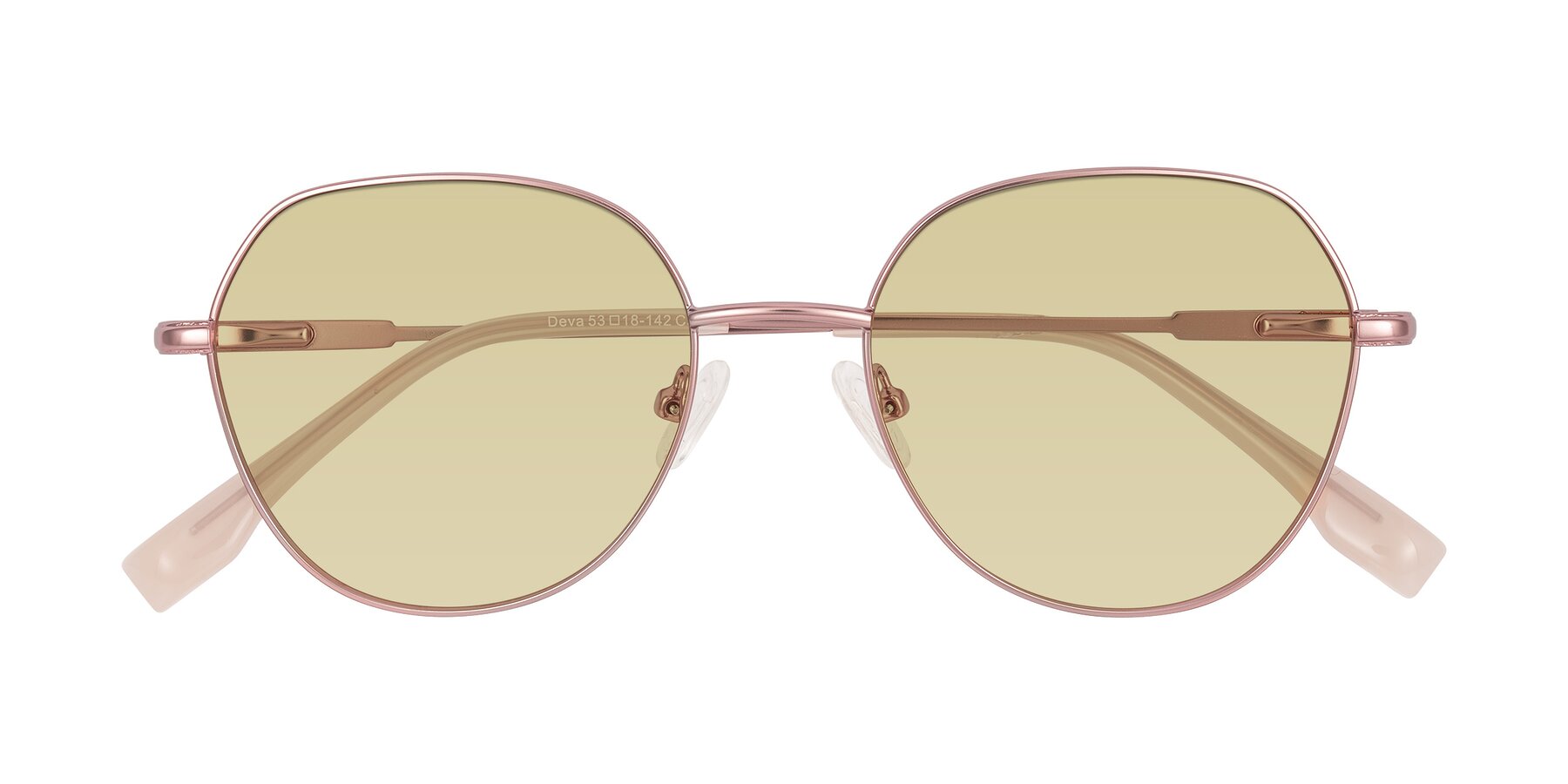 Folded Front of Deva in Rose Gold with Light Champagne Tinted Lenses