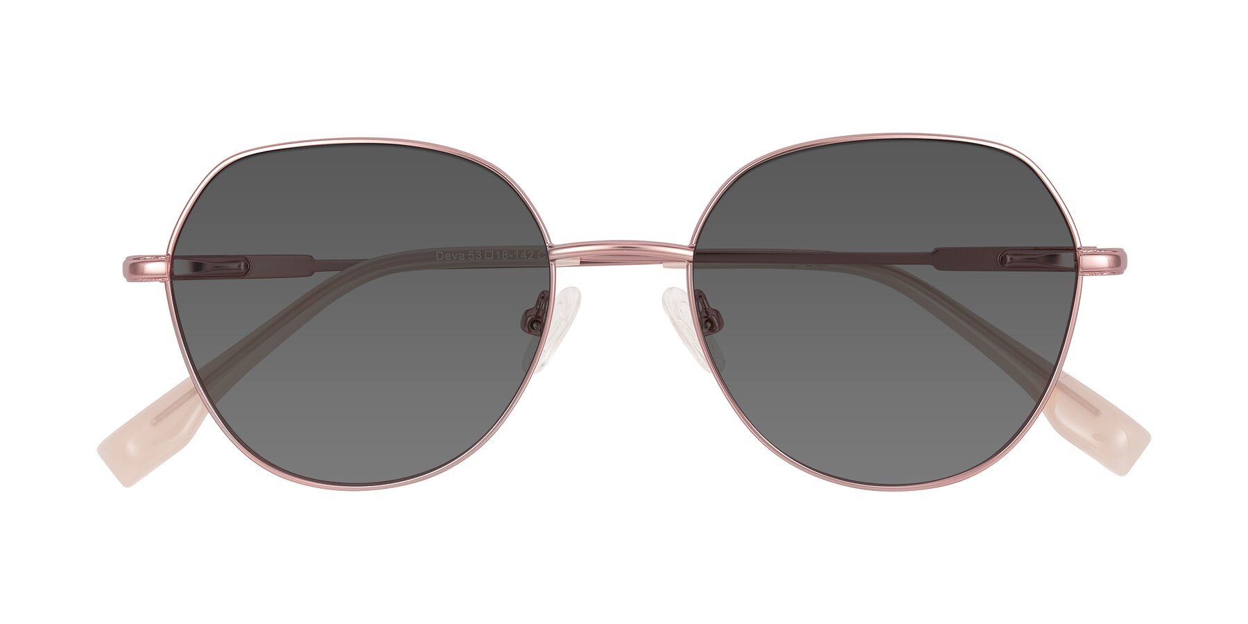 Folded Front of Deva in Rose Gold with Medium Gray Tinted Lenses