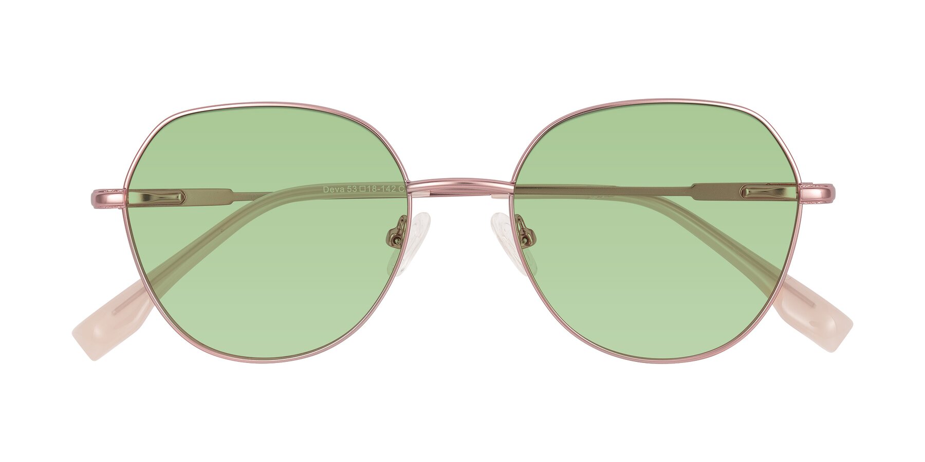 Folded Front of Deva in Rose Gold with Medium Green Tinted Lenses