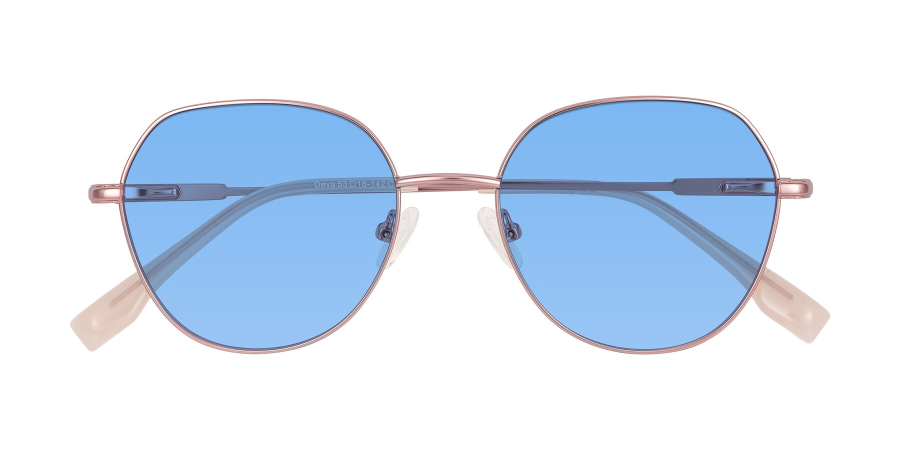 Folded Front of Deva in Rose Gold with Medium Blue Tinted Lenses