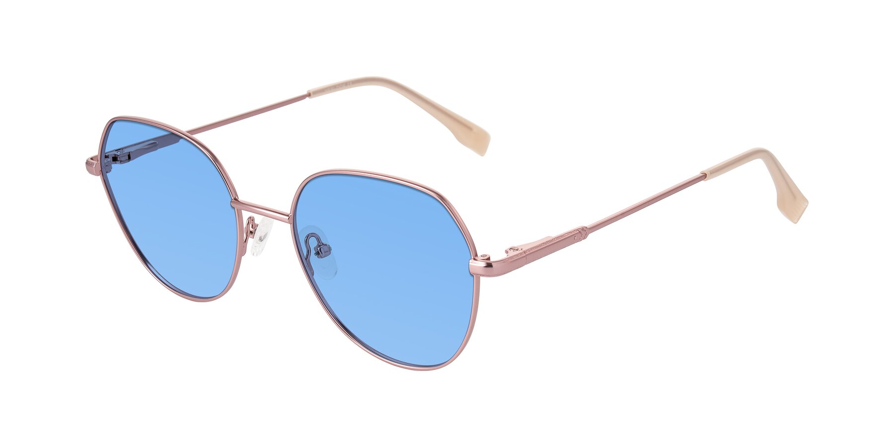 Angle of Deva in Rose Gold with Medium Blue Tinted Lenses