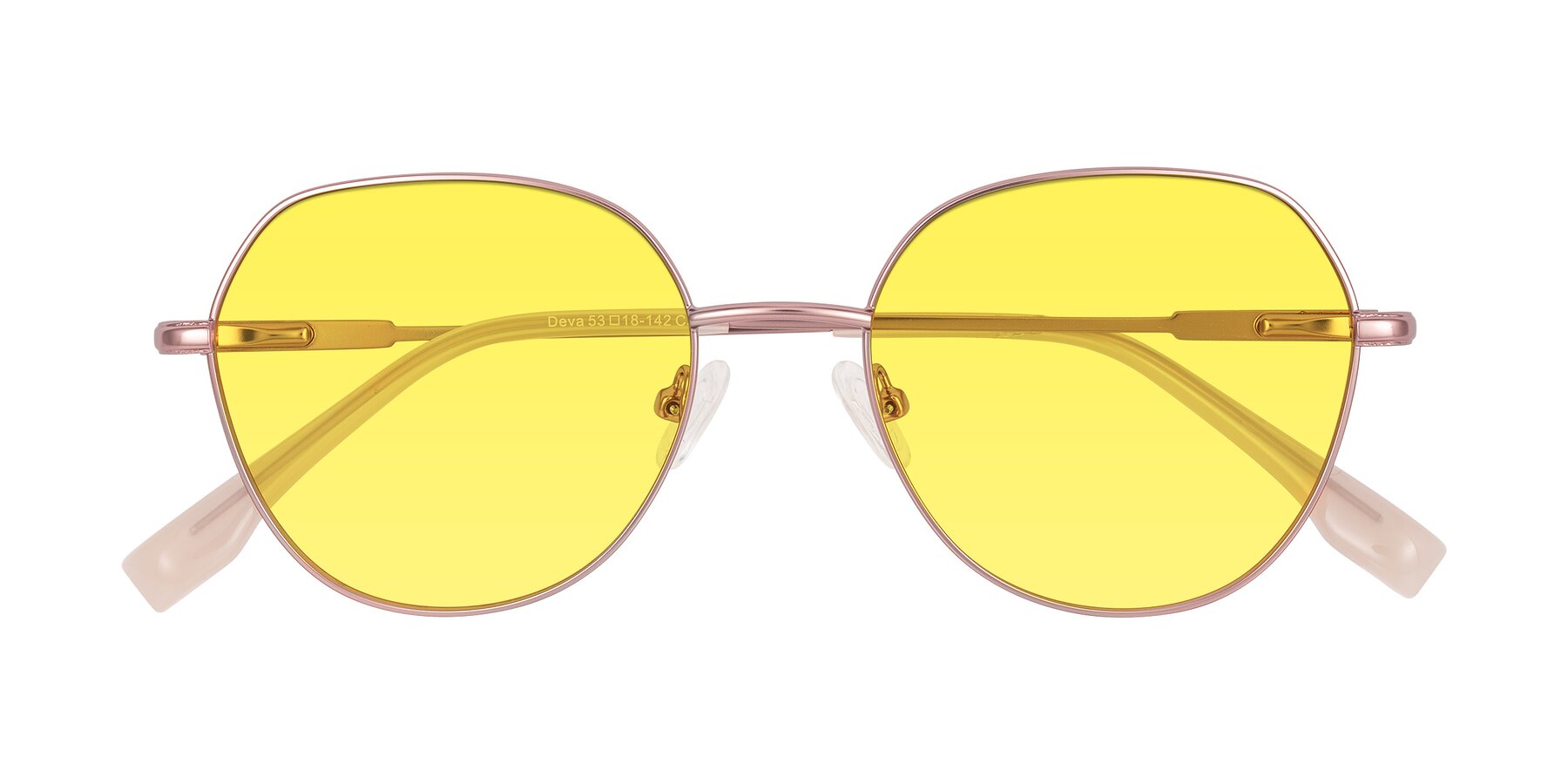 Folded Front of Deva in Rose Gold with Medium Yellow Tinted Lenses