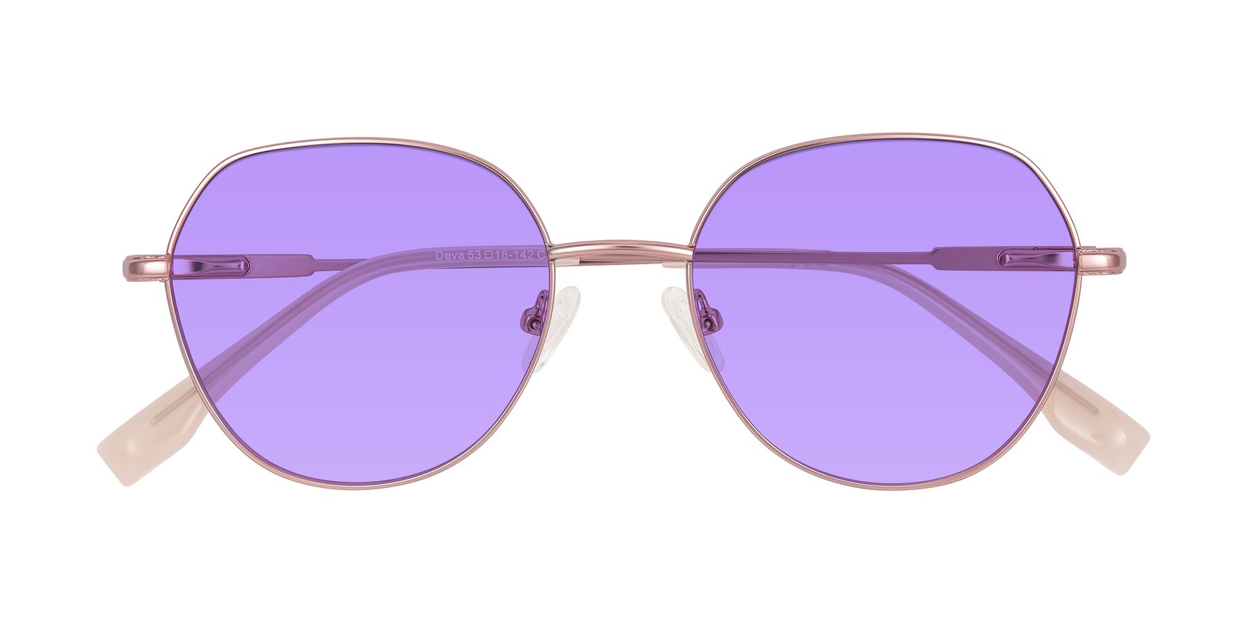 Folded Front of Deva in Rose Gold with Medium Purple Tinted Lenses