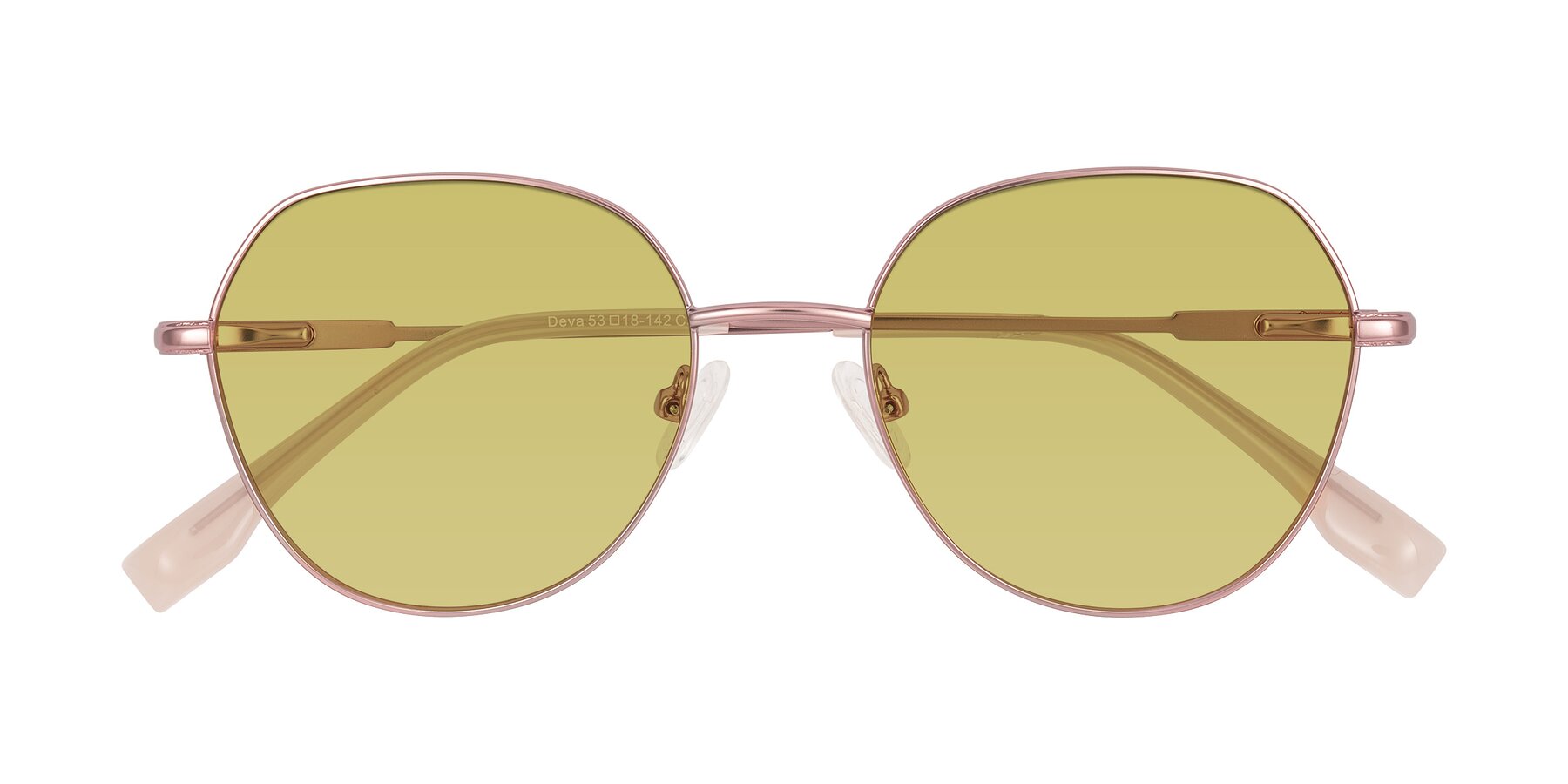 Folded Front of Deva in Rose Gold with Medium Champagne Tinted Lenses