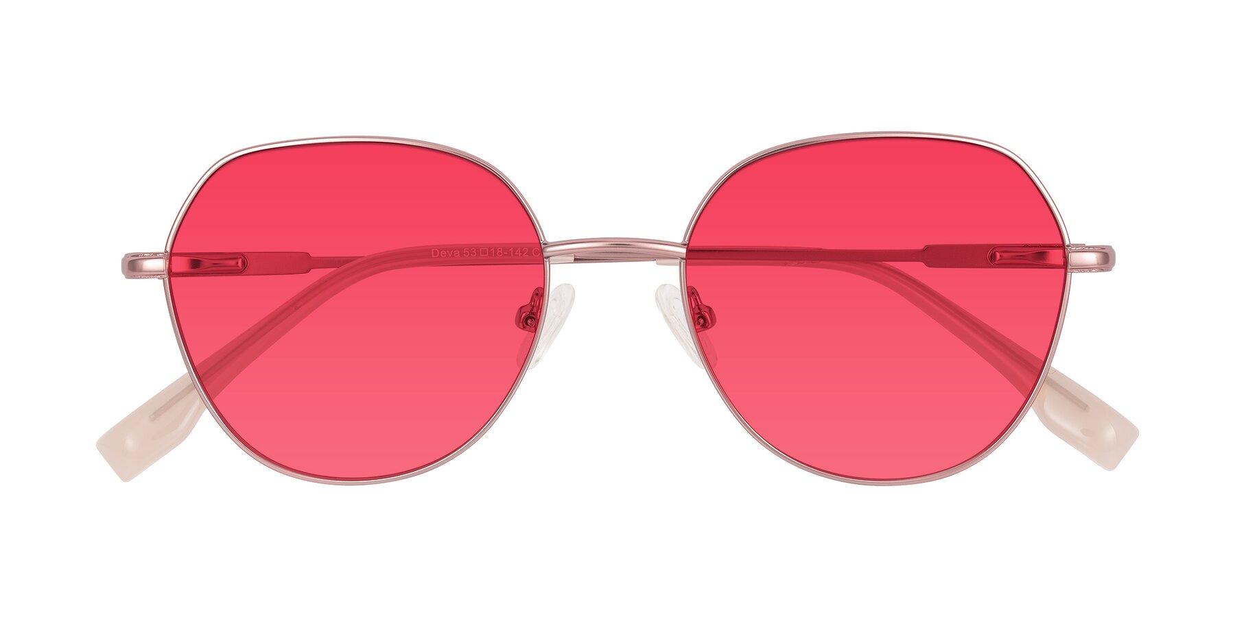 Folded Front of Deva in Rose Gold with Red Tinted Lenses