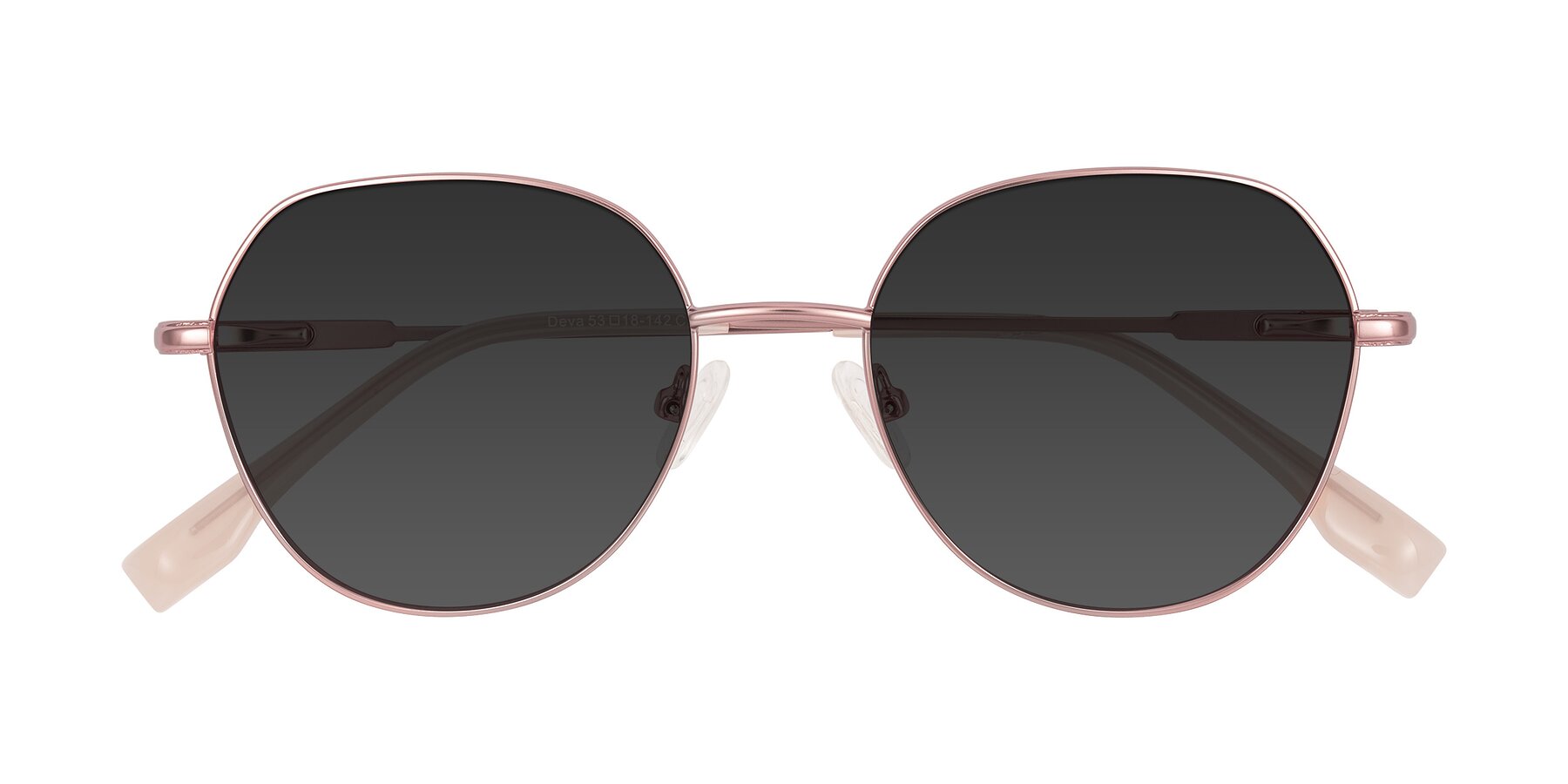 Folded Front of Deva in Rose Gold with Gray Tinted Lenses