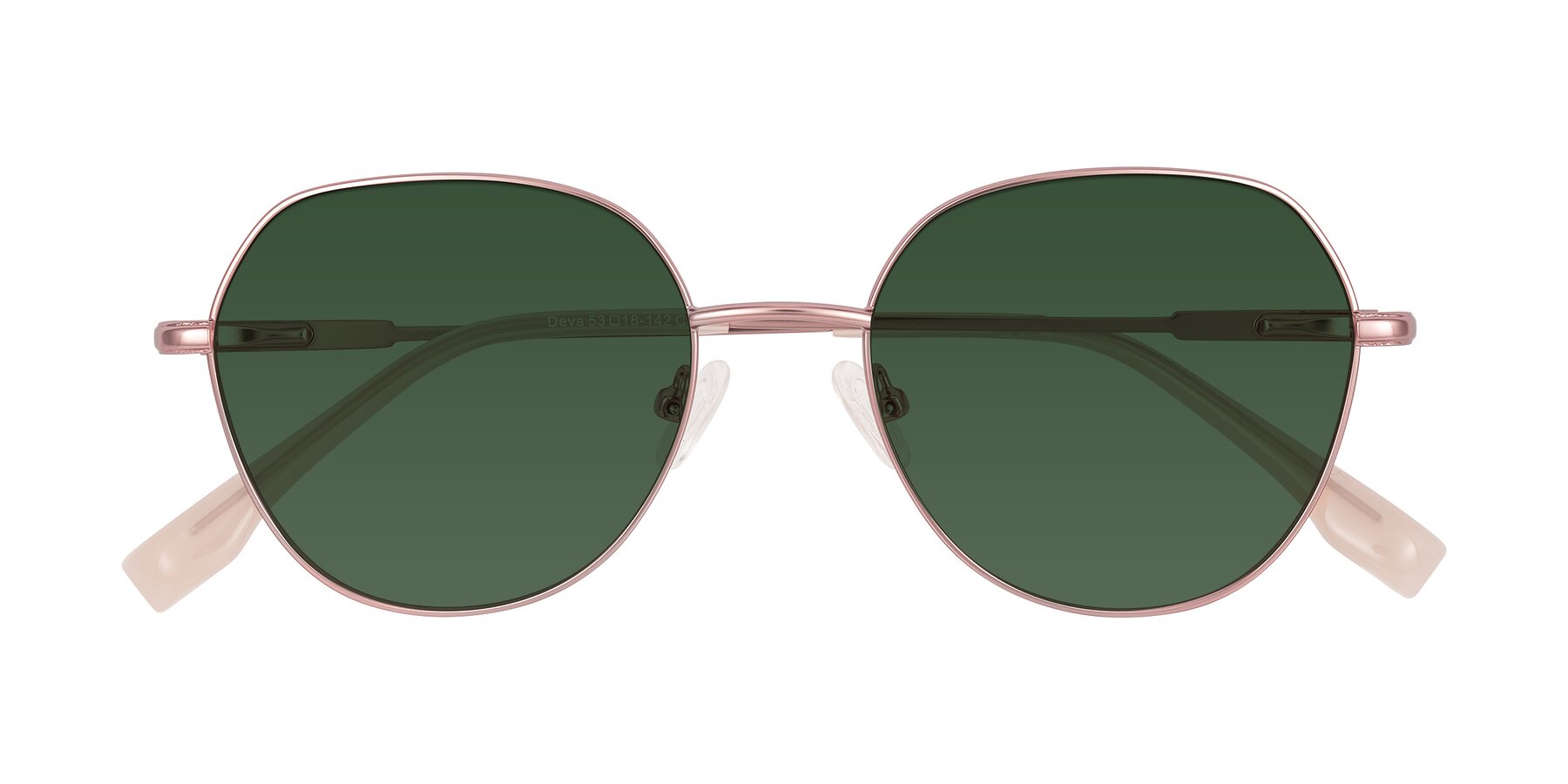 Folded Front of Deva in Rose Gold with Green Tinted Lenses