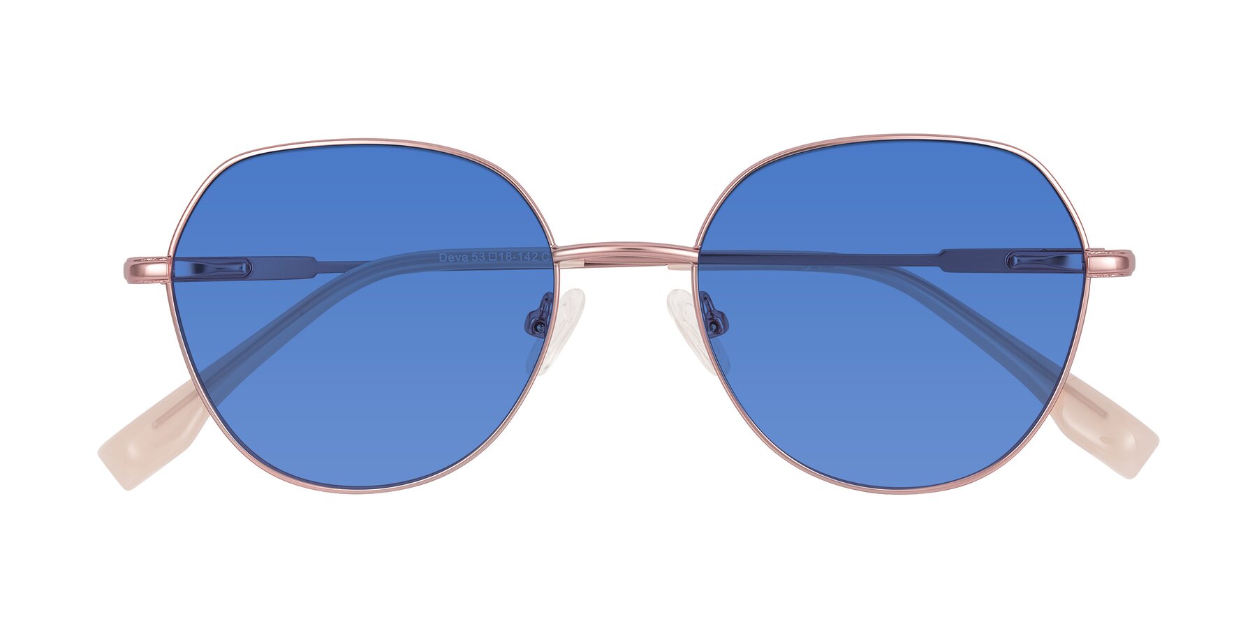 Folded Front of Deva in Rose Gold with Blue Tinted Lenses
