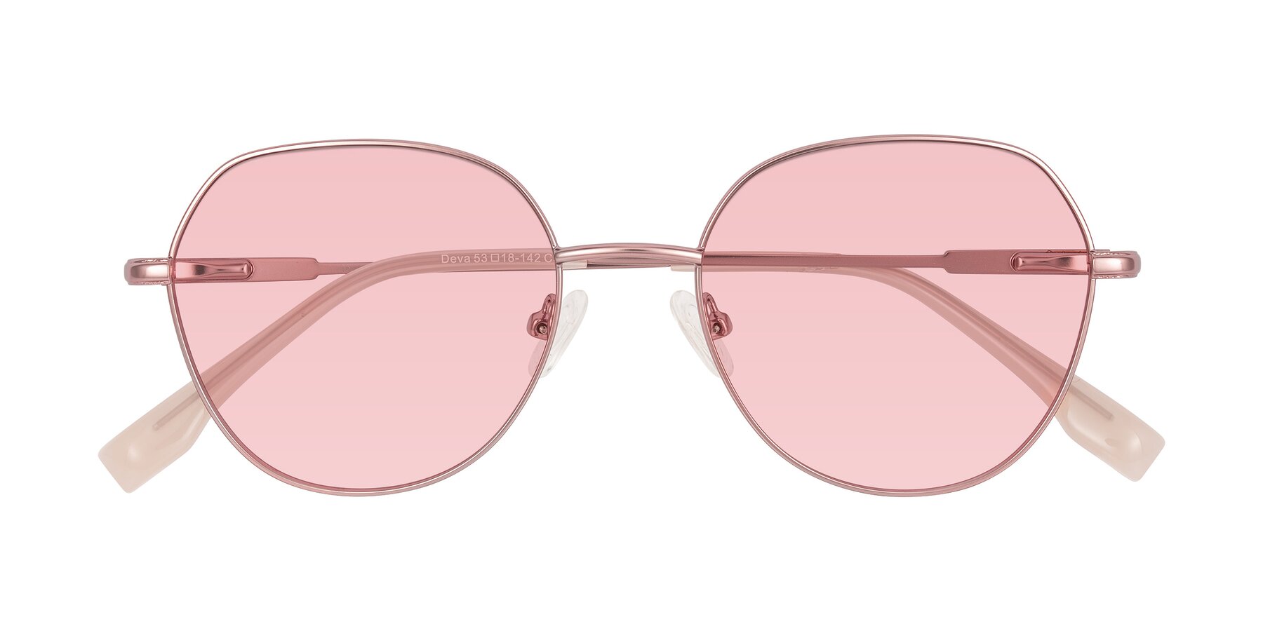 Folded Front of Deva in Rose Gold with Light Garnet Tinted Lenses