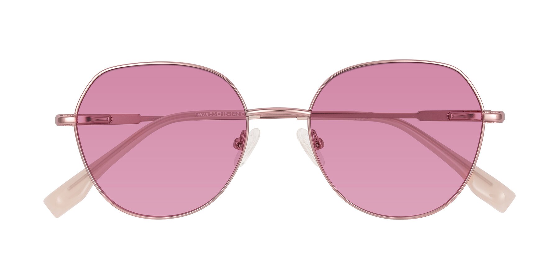 Folded Front of Deva in Rose Gold with Medium Wine Tinted Lenses