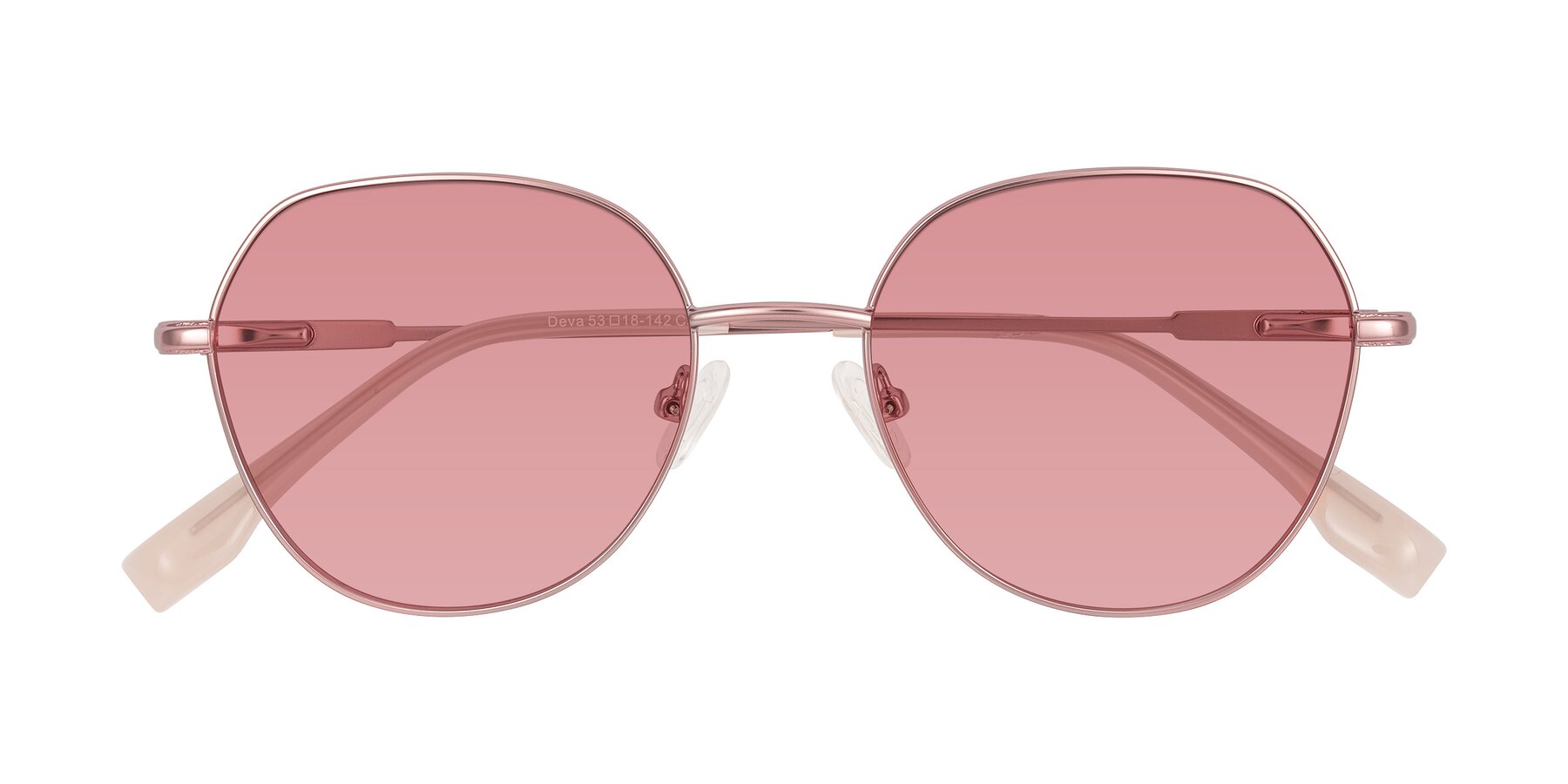 Folded Front of Deva in Rose Gold with Medium Garnet Tinted Lenses