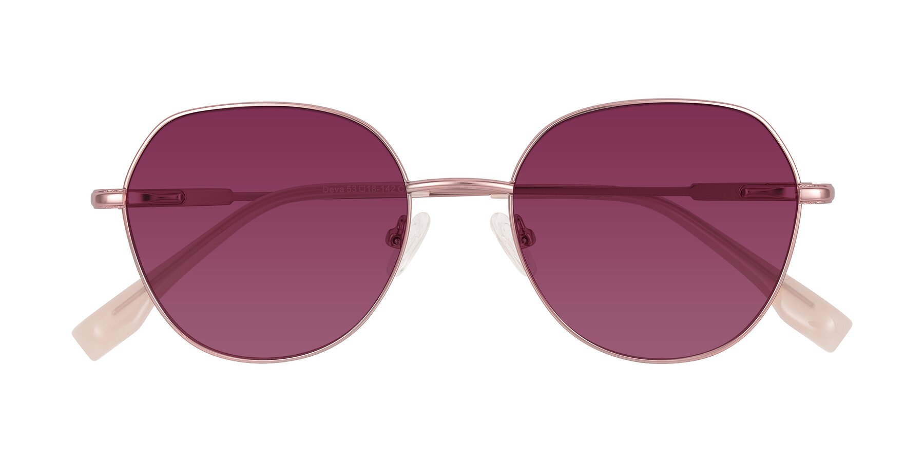 Folded Front of Deva in Rose Gold with Wine Tinted Lenses