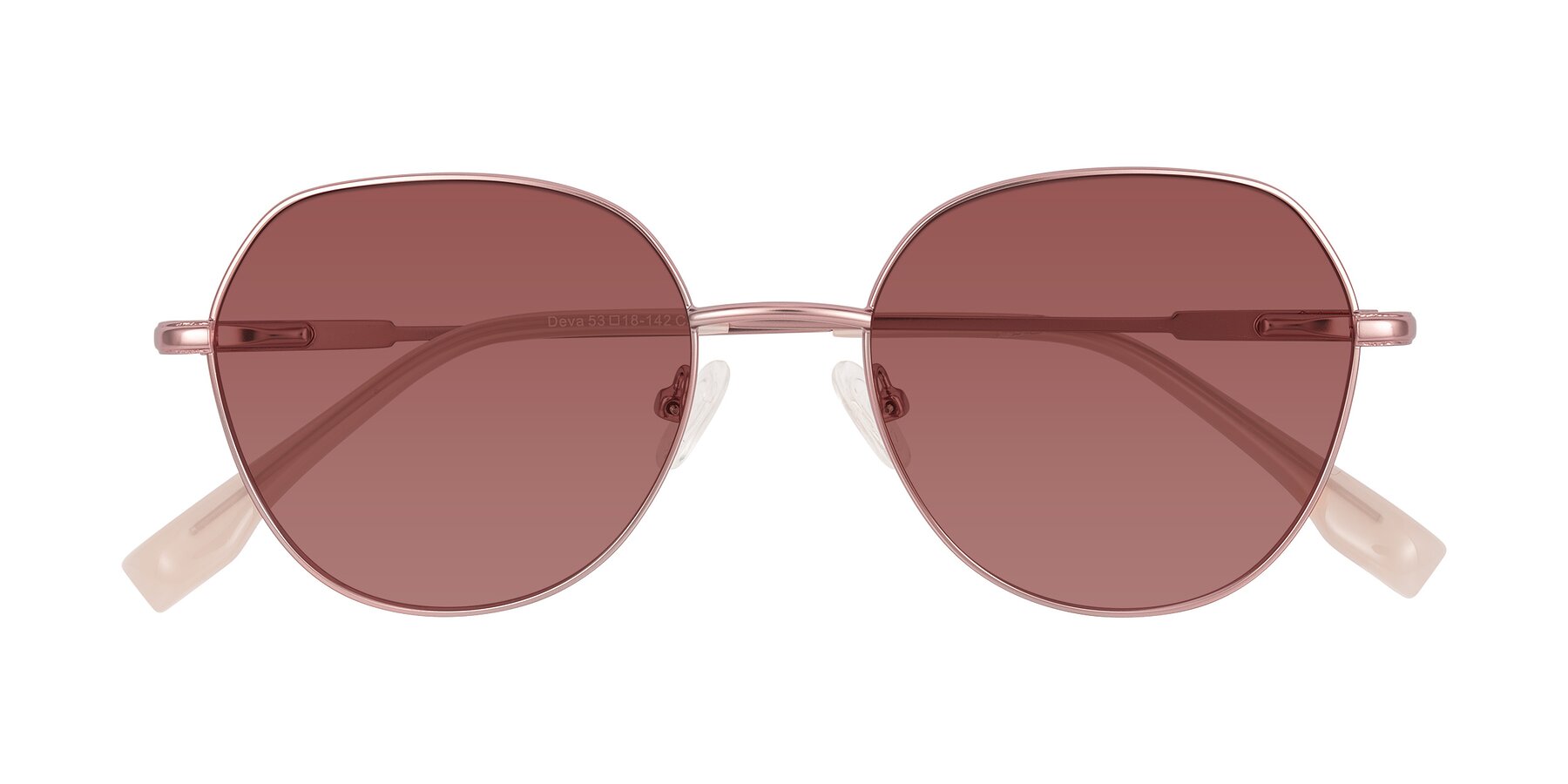 Folded Front of Deva in Rose Gold with Garnet Tinted Lenses