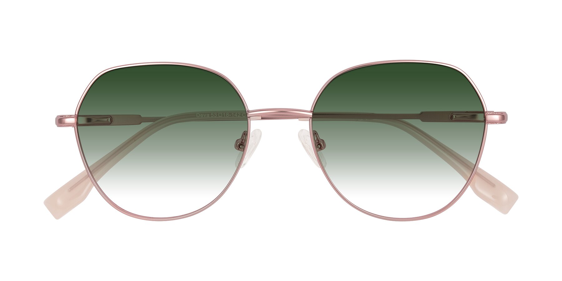 Folded Front of Deva in Rose Gold with Green Gradient Lenses