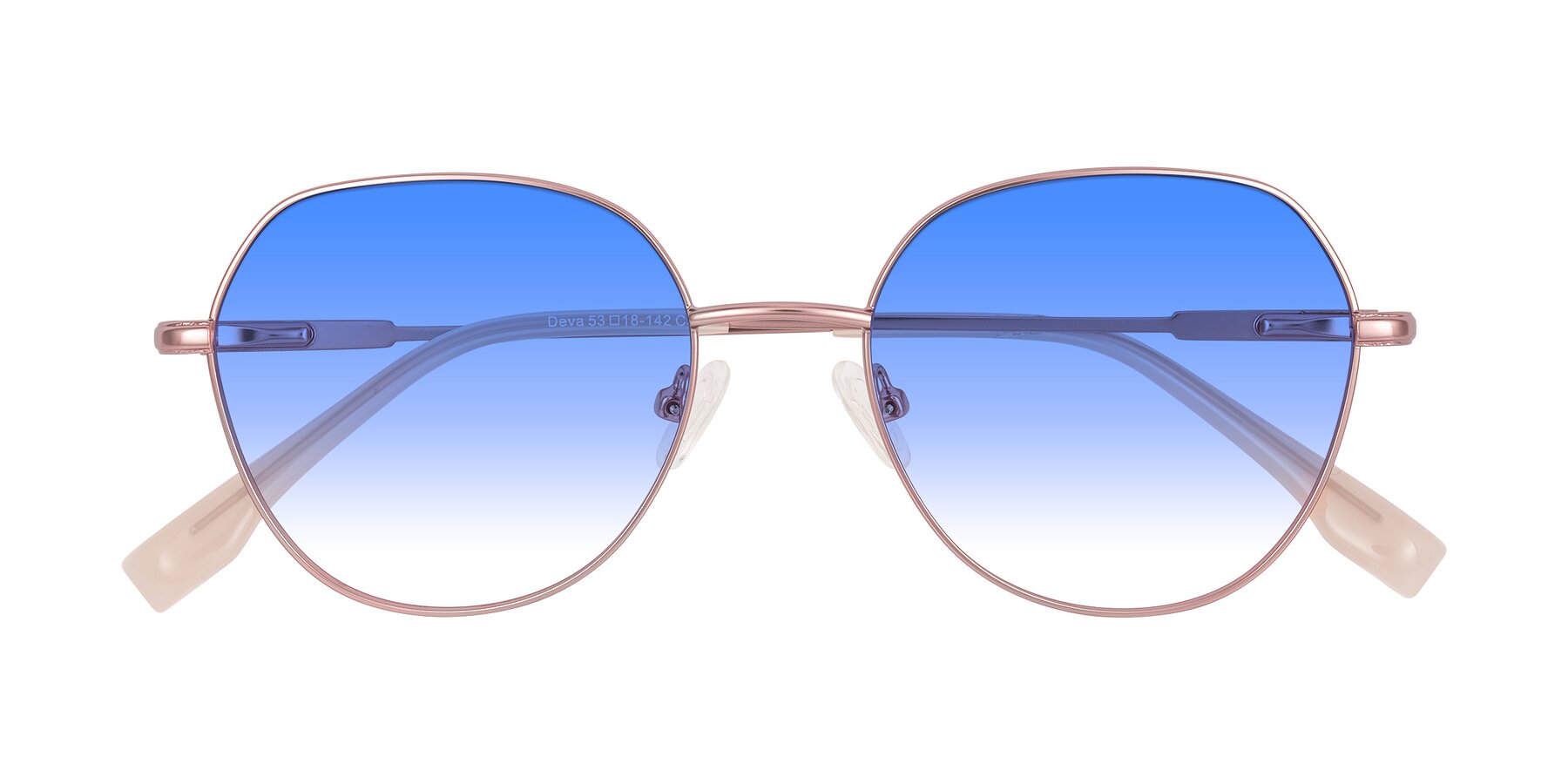 Folded Front of Deva in Rose Gold with Blue Gradient Lenses