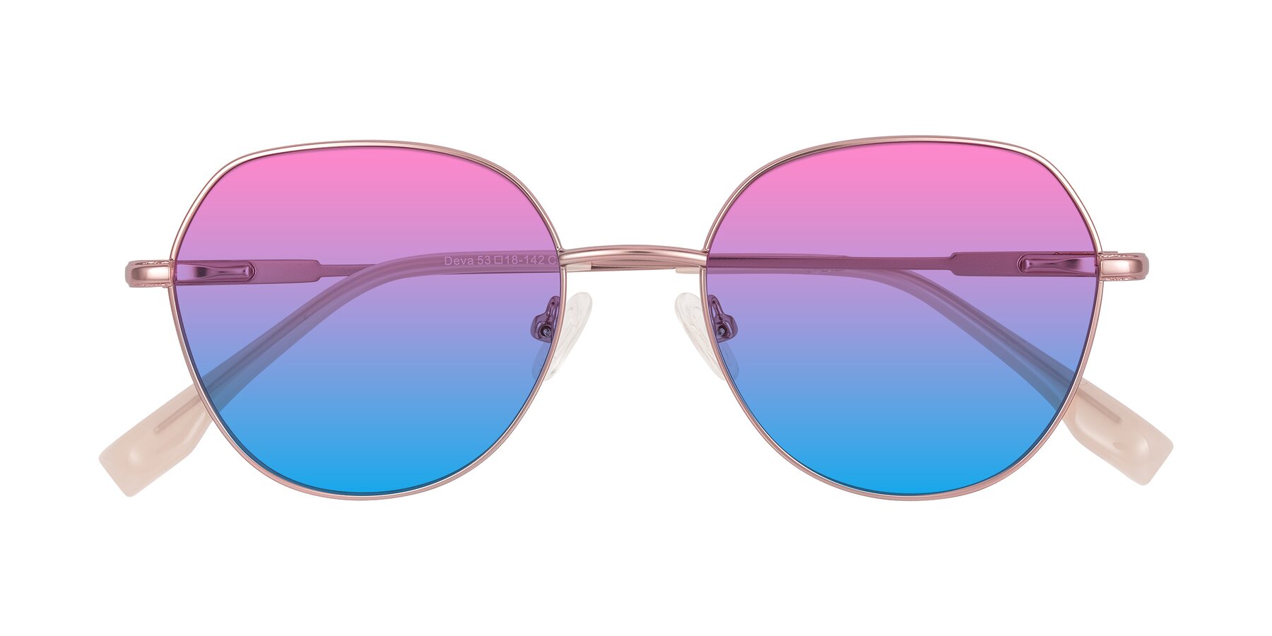 Folded Front of Deva in Rose Gold with Pink / Blue Gradient Lenses