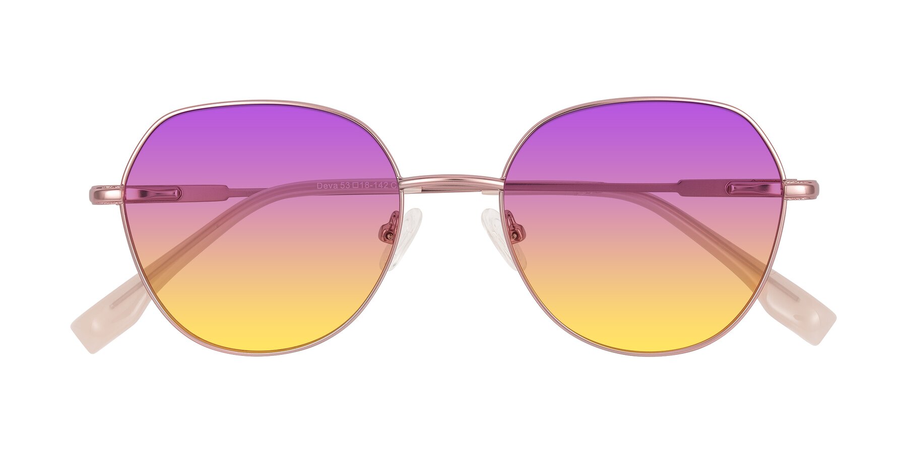 Folded Front of Deva in Rose Gold with Purple / Yellow Gradient Lenses