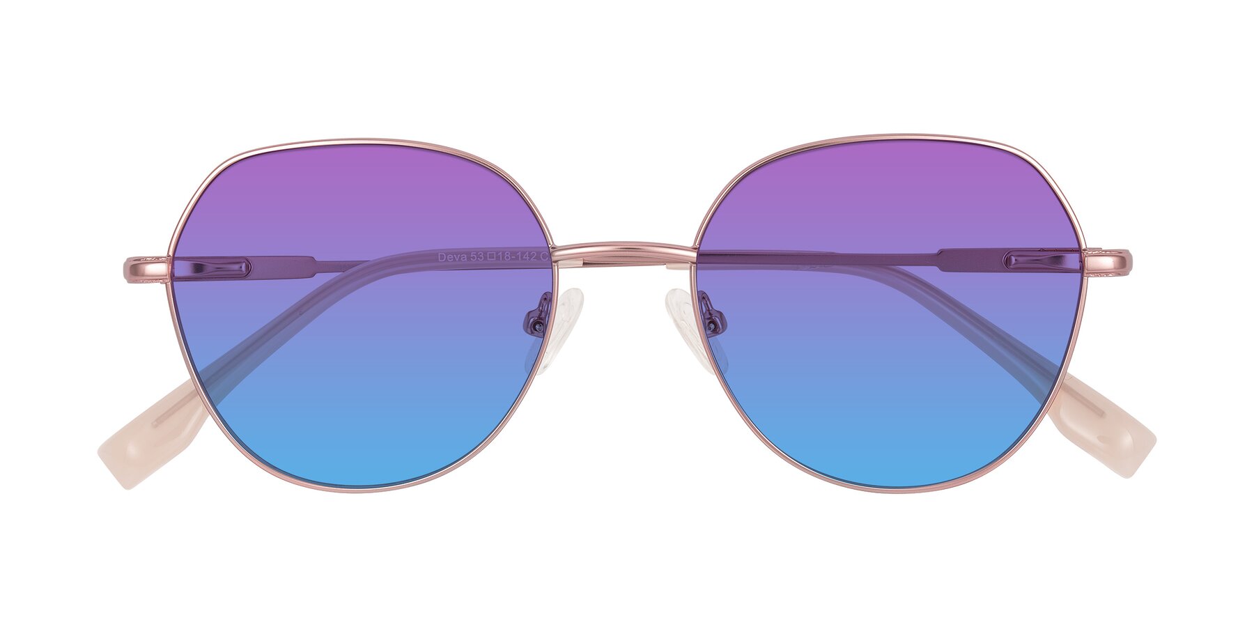 Folded Front of Deva in Rose Gold with Purple / Blue Gradient Lenses